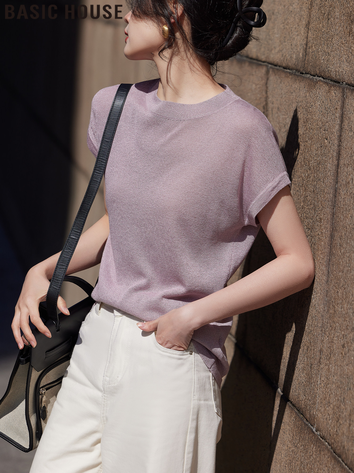 Basic House/百家好紫色冰丝针织短袖T恤薄款上衣女2026夏季穿搭