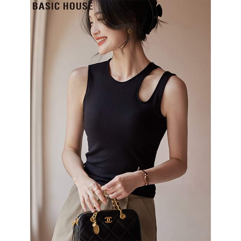Basic House/百家好黑色带胸垫一体短款不对称挂脖吊带背心女夏季