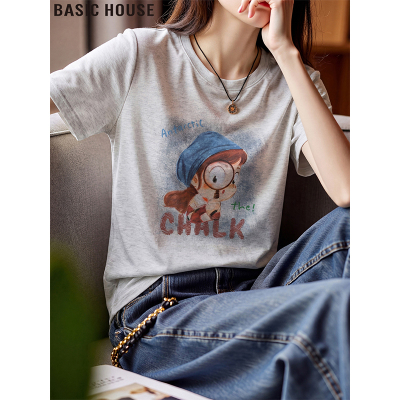 Basic House/百家好灰色印花短袖T恤休闲正肩上衣女2026夏季穿搭