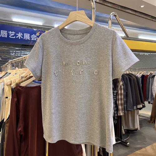 小时代韩版字母刺绣短袖T恤女字母图案春季短款修身百搭弹力上衣
