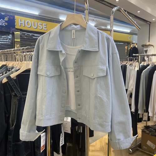 依美酷秋季韩版翻领短款外套女洗水棉气质时尚长袖纽扣外套上衣潮