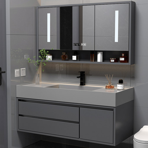 现代轻奢浴室柜岩石一体盆卫生间新款智能卫浴镜柜洗漱台盆柜组合