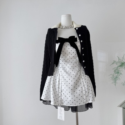 miu系波点公主蓬蓬裙子拼接翻领U领背心连衣裙女针织开衫套装