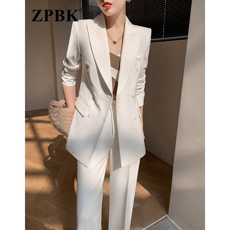 时尚通勤风西服套装女2026秋季新款长袖双排扣收腰修身商务两件套