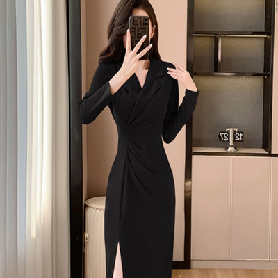 法式气质高级感连衣裙2026春季新款女收腰显瘦包臀开叉长裙子1895