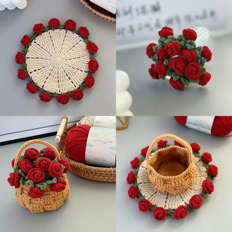 玫瑰花束毯子杯垫毛线手工编织钩针diy材料包针织无聊解闷手作勾