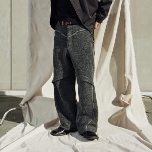 GongheRepub共和 羊羔绒深花灰弯刀裤 保暖加厚宽松长裤新中式