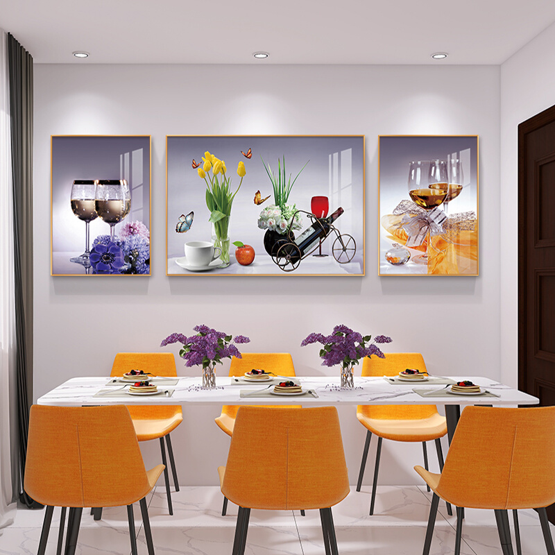 餐厅背景墙装饰画现代轻奢高档餐桌壁画时尚花卉酒杯三联壁画挂画图片