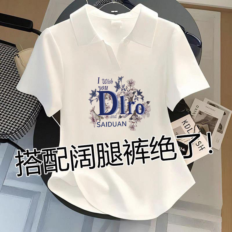 纯棉翻领短袖t恤女2025夏季新款小众设计感ins宽松百搭印花POLO衫