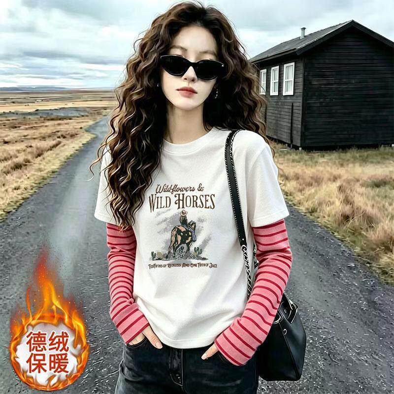 秋冬新款韩版假两件长袖T恤女德