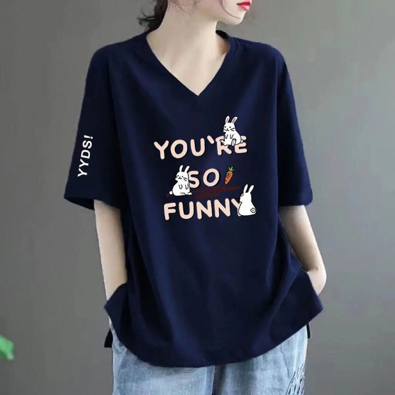 100%纯棉短袖T恤女V领夏季新款大