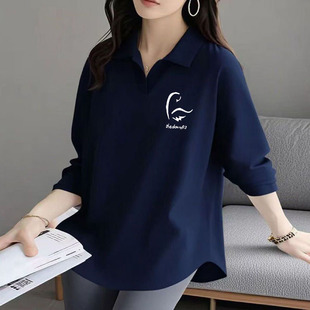 大码纯棉洋气不规则下摆POLO领上衣秋季新款翻领小众女士长袖T恤