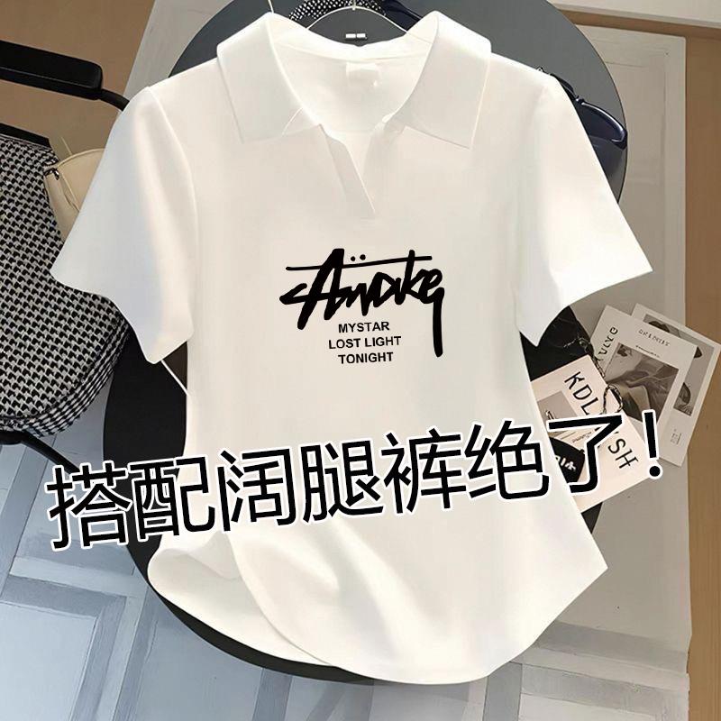 翻领白色polo衫女夏季短袖t恤女大码女装宽松显瘦休闲印花上衣潮