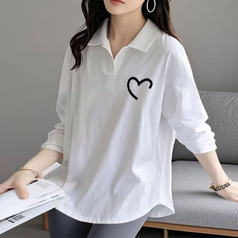 2025秋季新款简约弧形下摆POLO衫100%纯棉长袖大码百搭女士T恤衫