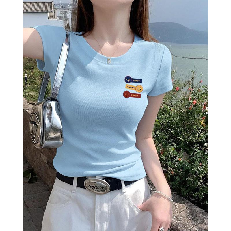 夏季圆领短袖小众设计印花短款女