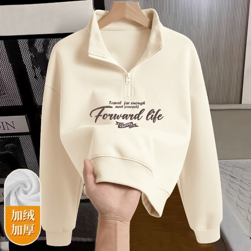 华棉春秋冬季新款半拉链洋气短款外套女加绒/不加绒印花翻领卫衣