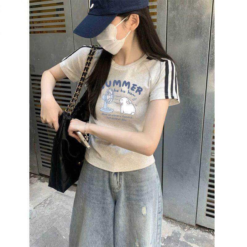 纯棉拼接短袖T恤女士2026夏季新款高腰圆领修身ins潮条纹短款上衣