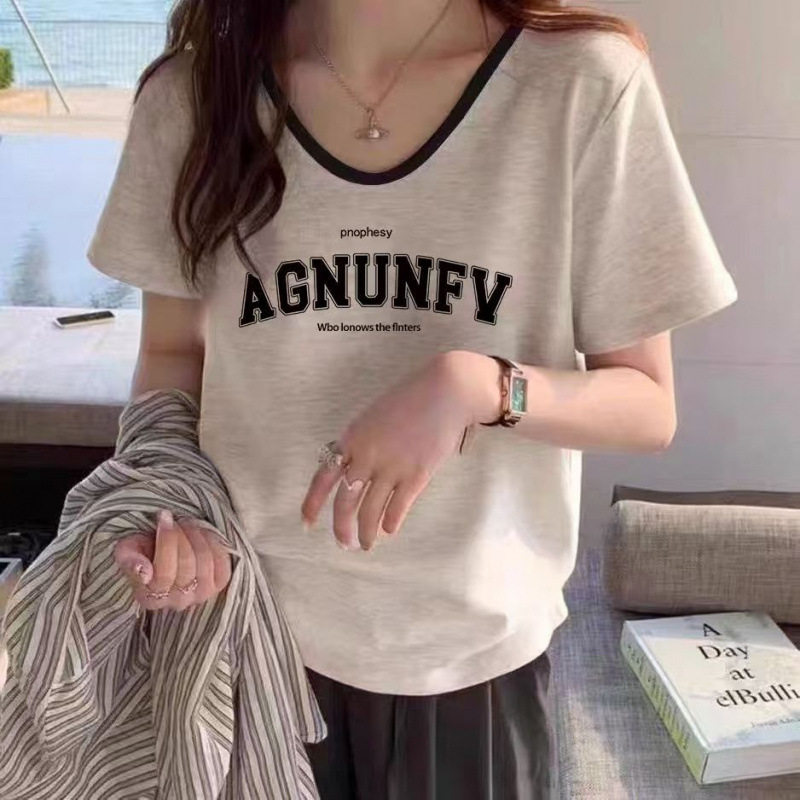纯棉大码女装夏季灰色新款字母宽