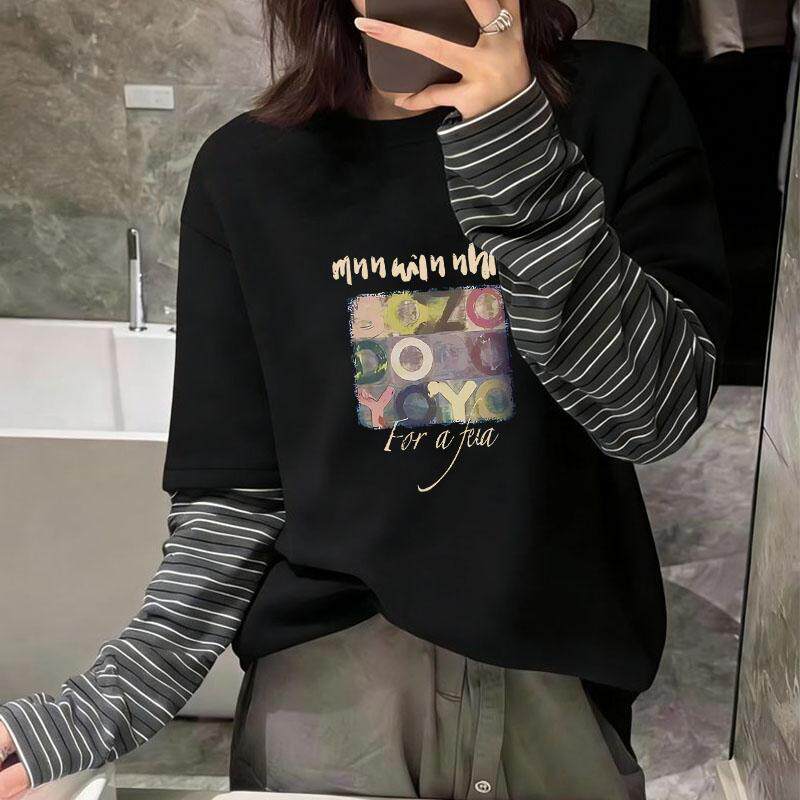 假两件撞色拼接圆领长袖t恤女装2