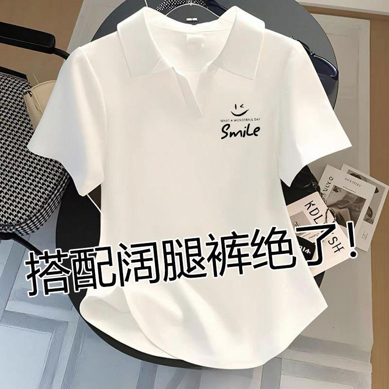 时尚纯棉翻领短袖t恤女小众别致大码胖mm宽松显瘦百搭印花POLO衫