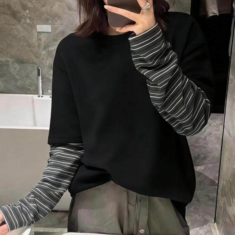 秋冬新款条纹拼接假两件长袖德绒