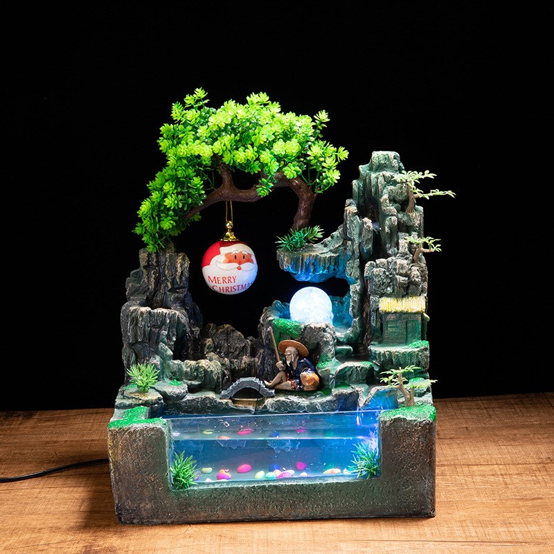 假山流水喷泉玻璃鱼缸客厅玄关会所家居装饰摆件圣诞球树脂工艺品