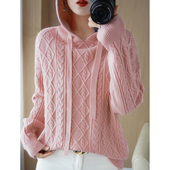 重磅加厚绞花连帽套头休闲卫衣女韩版 宽松休闲短保暖针织帽衫 毛衣