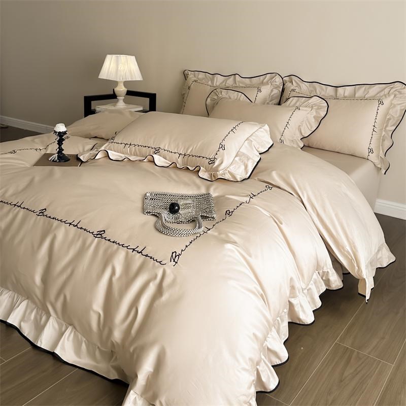 轻奢A类160支纯棉磨毛四件套全棉床单公主风花边刺绣被套床上用品