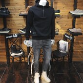 拉链领口男连帽卫衣时尚 青年帅气插兜套头帽衫 春秋带帽休闲外套