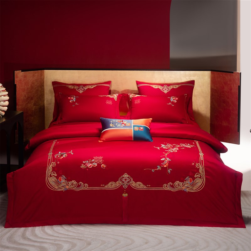 新中式婚庆刺绣全棉婚庆四六件套新婚庆大红床单被套喜被陪嫁床品