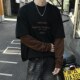 高街春秋新款 假两件长袖 T恤男美式 280克纯棉圆领拼接印花体恤卫衣
