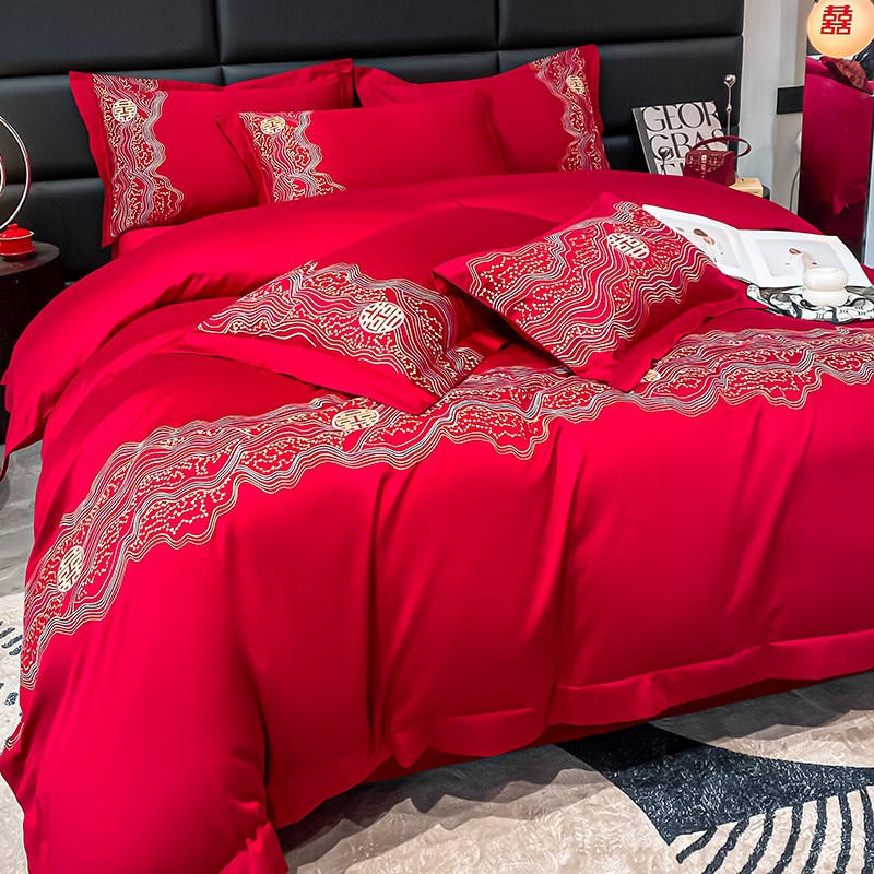 轻奢婚庆四件套红色喜庆结婚床单被套纯棉长绒棉新婚刺绣床上用品
