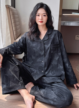 纯棉睡衣大码夏胖mmp200斤长袖长裤黑色开衫套装家居服女春秋外穿