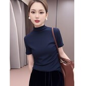 简约半高领上衣蓝色针织短袖 百搭打底衫 女2025年春夏新款 T恤修身