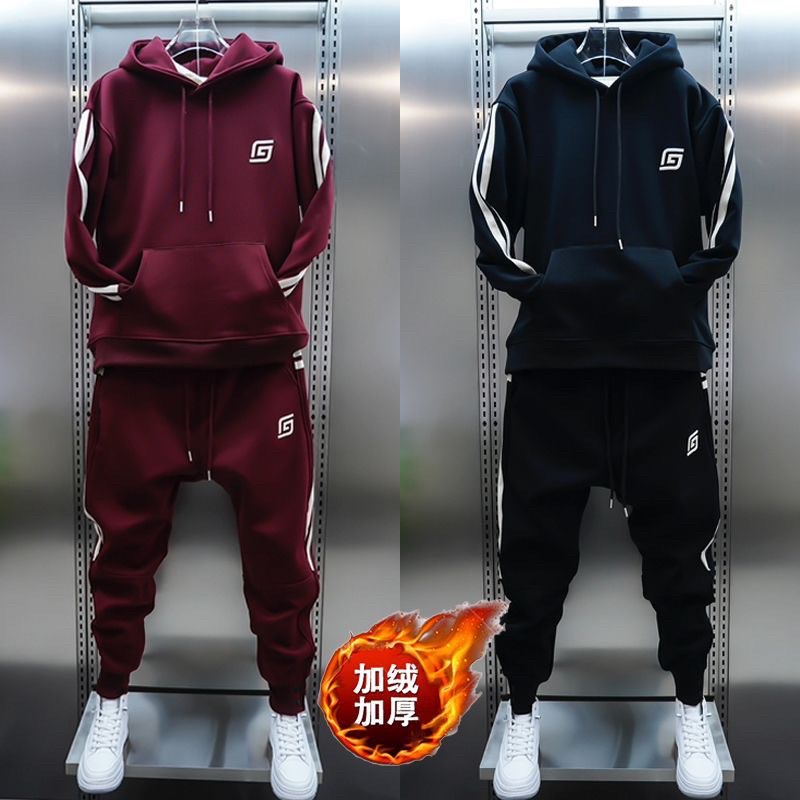 男士冬季加绒套装宽松休闲刺绣简约卫衣搭配纯色刺绣拼条运动卫裤