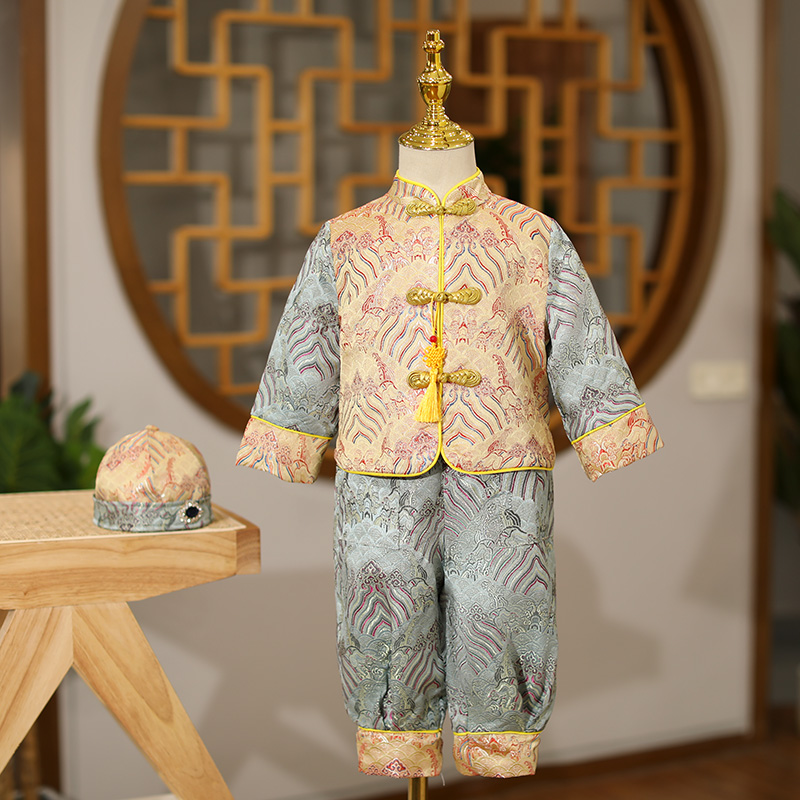 儿童唐装套装复古男童礼服中国风抓周礼服宝宝一周岁男宝生日服装