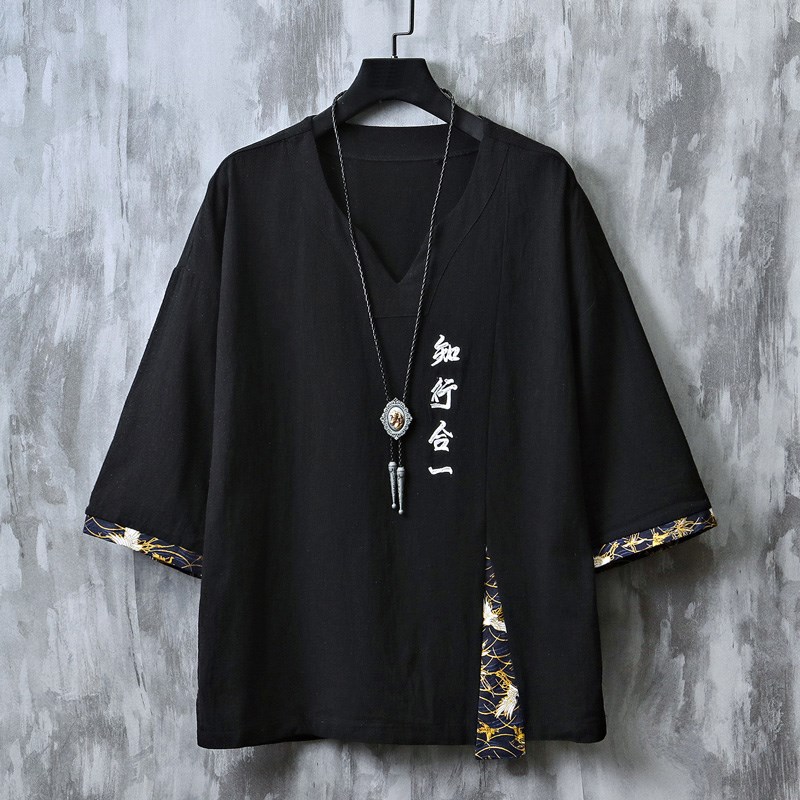 新中式男装国风七分袖T恤夏季V领刺绣薄款短袖宽松大码拼接上衣服