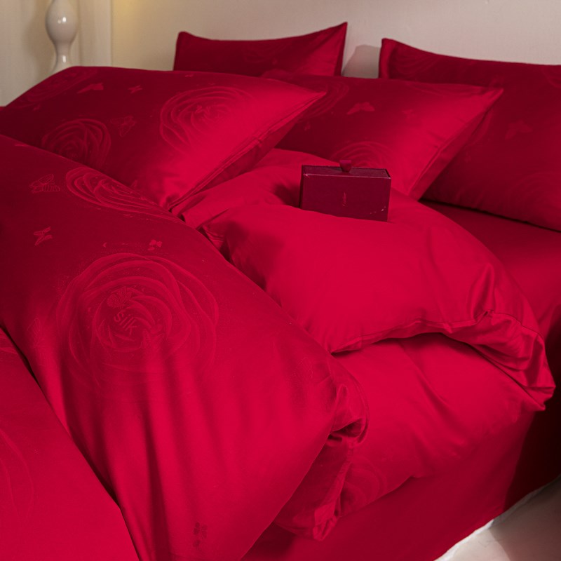 A类轻奢大红色结婚庆喜庆全棉纯棉四件套玫瑰提花被套1.8床上用品