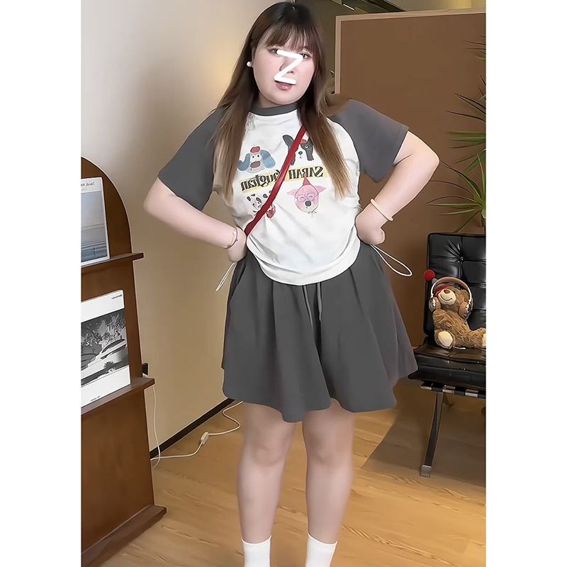 洋气两件套女200斤大码女装胖mm短袖+阔腿短裤裙显瘦休闲套装夏季