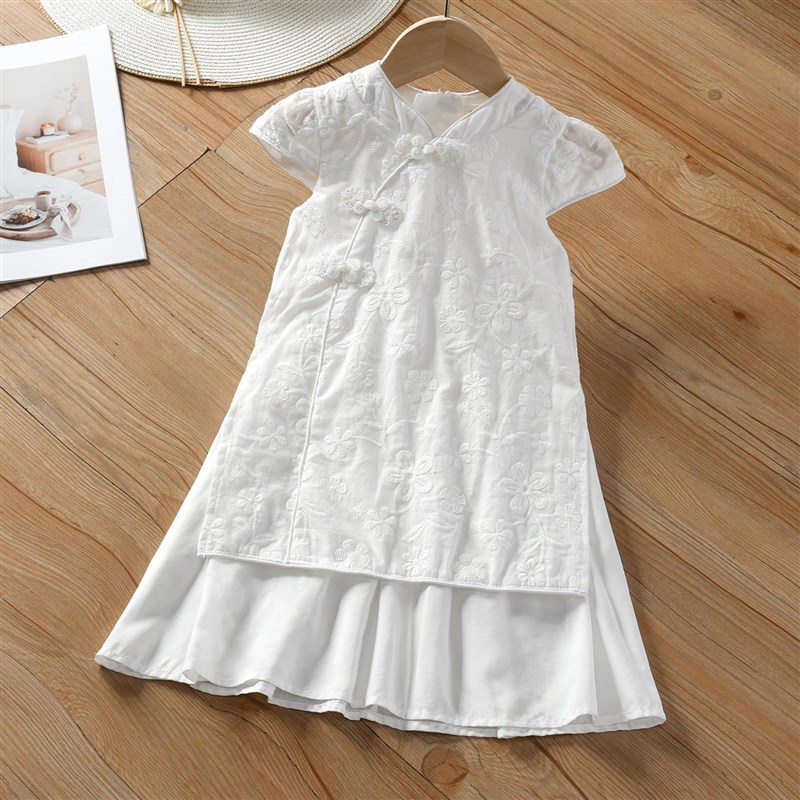 女童夏季时髦连衣裙2025新款童装盘扣旗袍裙白色背心裙棉质可扎染