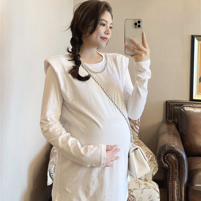 PEIPEI2021新款孕妇装 长袖T恤女时尚垫肩春秋宽松上衣潮妈打底衫