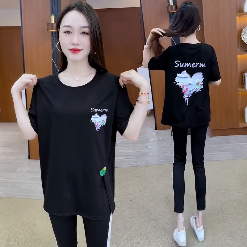 夏季体恤2025年新款女洋气爆款宽松显瘦遮肉时尚开叉短袖t恤上衣