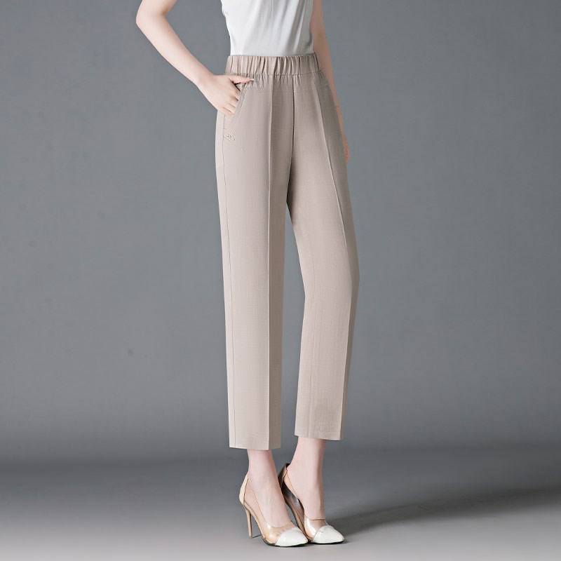 夏季冰丝九分裤女2025新款棉麻中老年妈妈裤子松紧高腰宽松哈伦裤