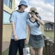 韩版 情侣装 小众多巴胺上衣 设计感法式 辣妹风V领短袖 夏装 2025新款