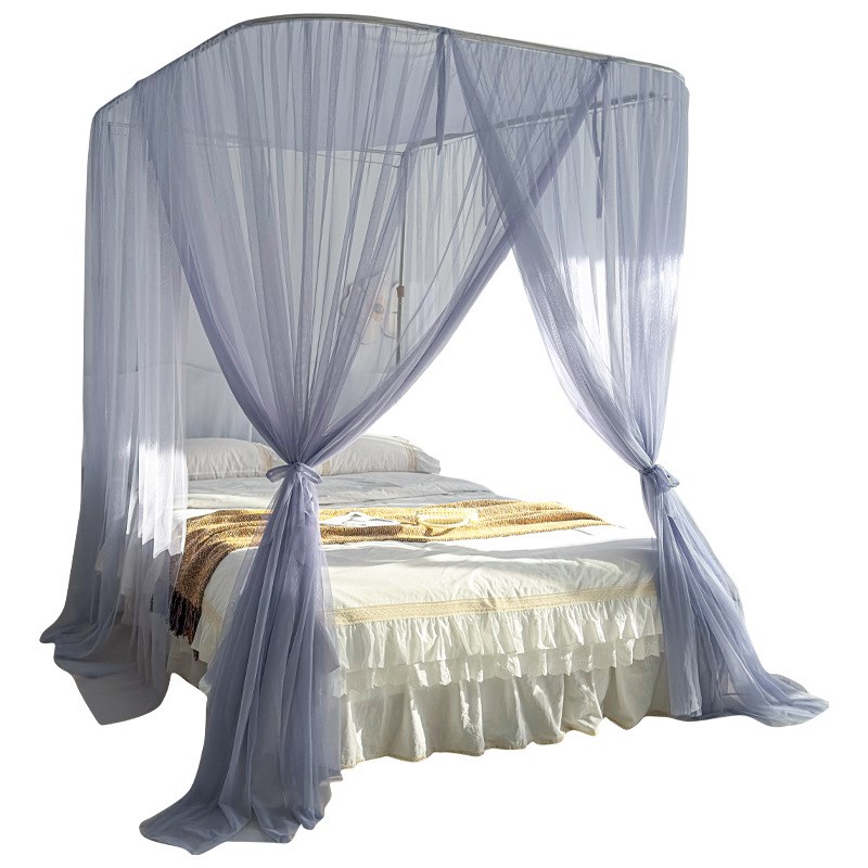 2024新款U型钓鱼竿蚊帐加厚伸缩不锈钢支架三开门落地公主风