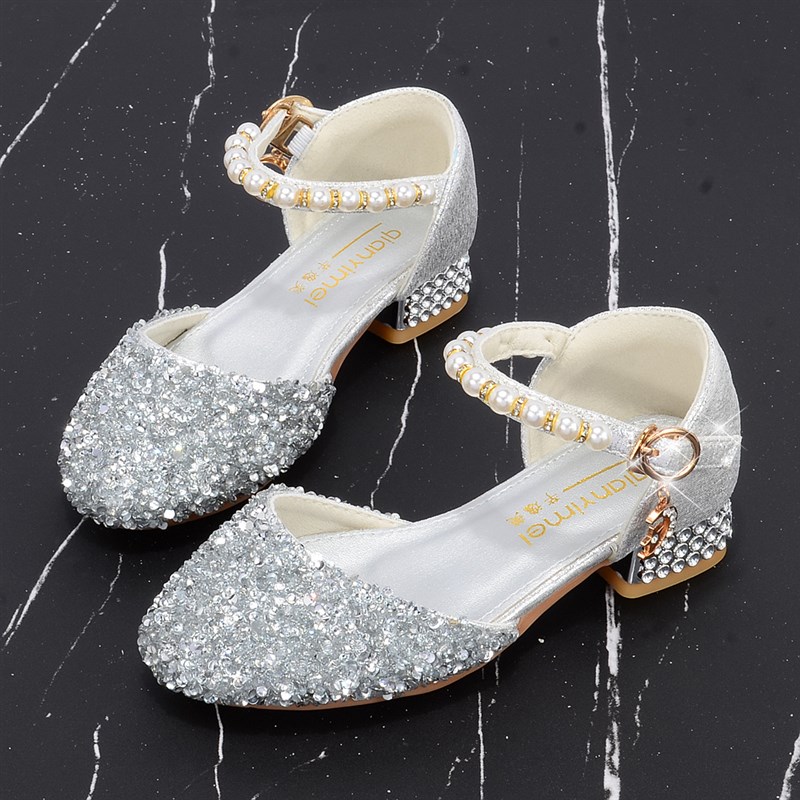 儿童高跟鞋银色公主鞋女童模特走秀表演出小女孩灰姑娘闪亮水晶鞋