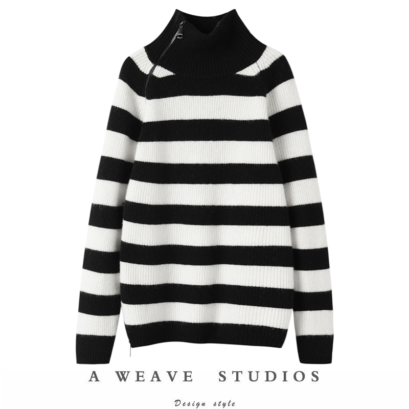 偷偷藏不住~潮人!黑白条纹羊绒衫女高领加厚羊绒针织毛衣宽松