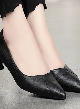 DA16时尚工作鞋m女黑色高跟鞋细跟软皮鞋中跟单鞋职业面试上班女