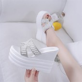 新款 韩版 厚底凉鞋 2020春季 坡跟女拖鞋 夏季 珍珠时尚 外X穿高跟松糕