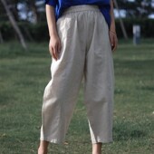 子女夏季 薄款 九分萝卜裤 棉麻裤 宽松休闲亚麻哈伦老爹裤 子